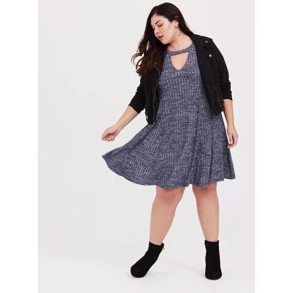 Torrid Mini Dress Size 3 (US 3X) Ribbed Knit Mock Neck Blue Stretch Flowy Flare - Picture 1 of 12